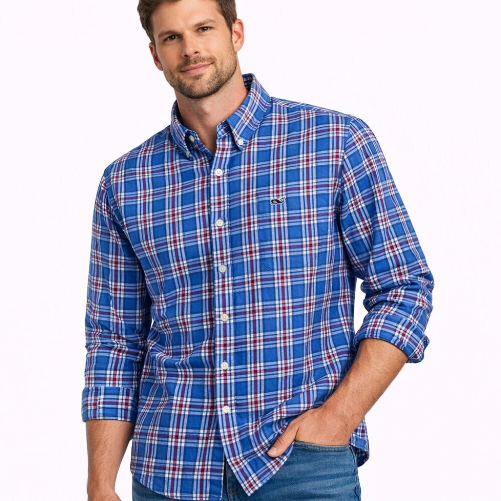 Vineyard Vines Men's Blue Plaid Flannel Whale Shirt - Size Medium